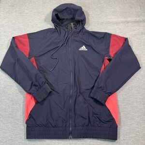 Adidas Jacket Men Small Navy Red Windbreaker Full Zip Hooded Lightweight Logo